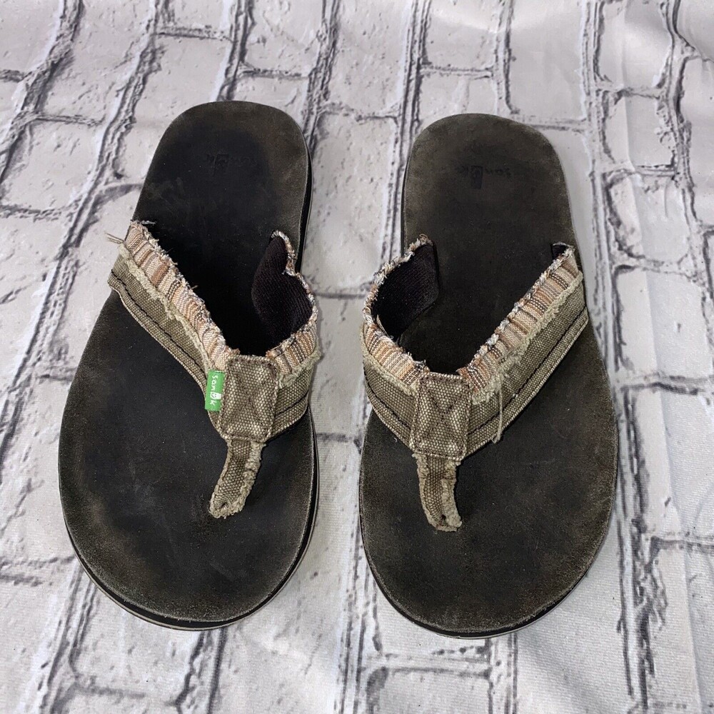 Sanuk Flip-Flops Blue Beige Fabric Men Sandals Sz 11 Comfort Summer Pre Owned